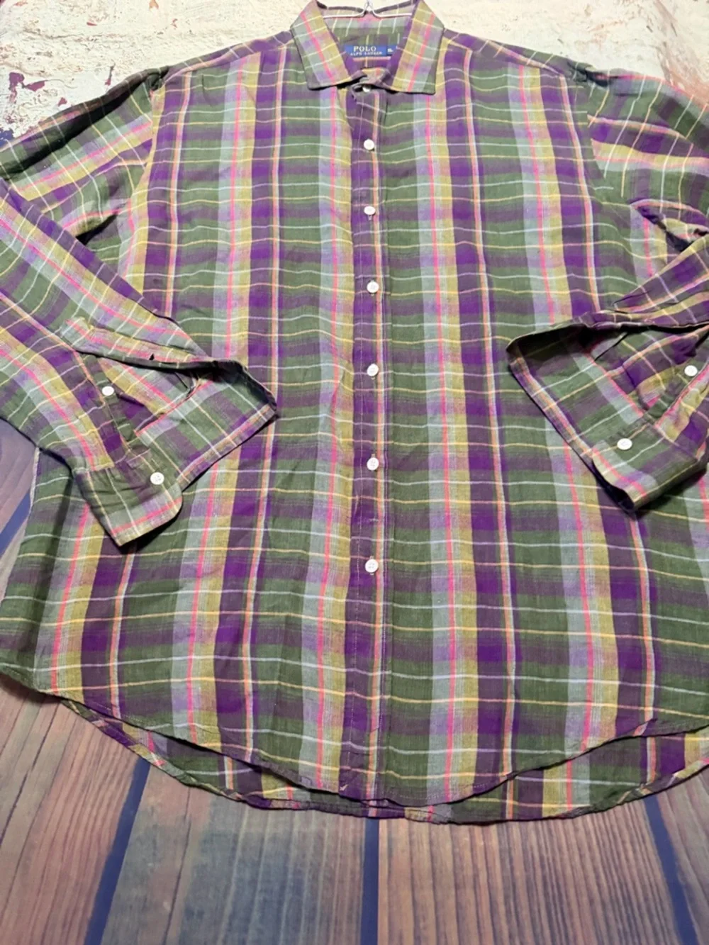 100% Linen Polo by Ralph Lauren Olive and Purple Plaid Button-Down Shirt